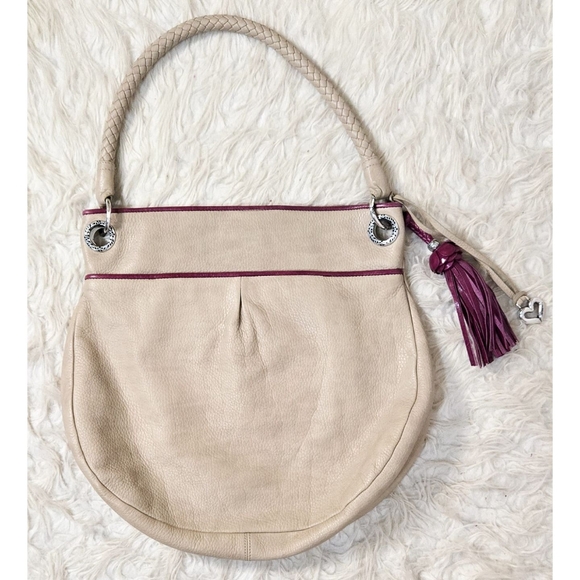 Brighton Leather Embroidered Shoulder Bag Purse Beige Tan Pink Tassel Flower - Picture 2 of 6